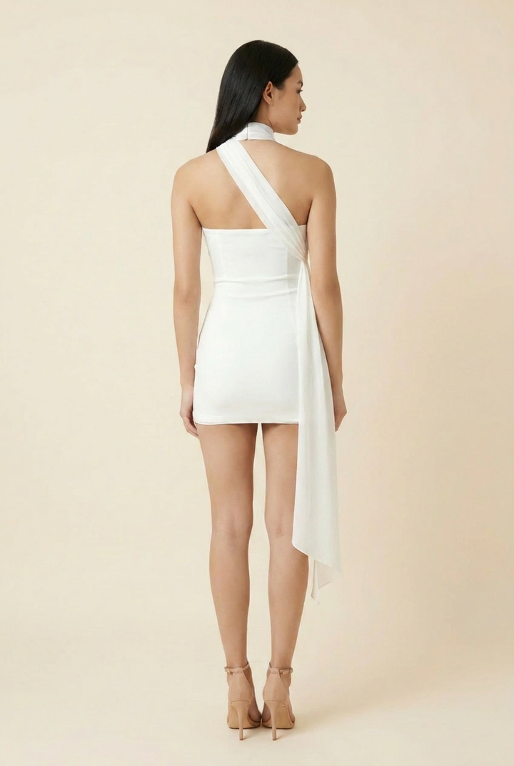 Kovelle draped scarf satin mini dress in white, back view with scarf drape, on model