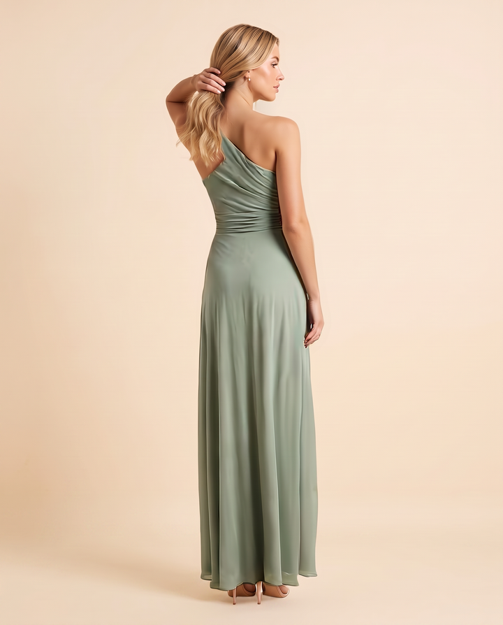 Kovelle one-shoulder draped satin maxi dress in sage, back, on model