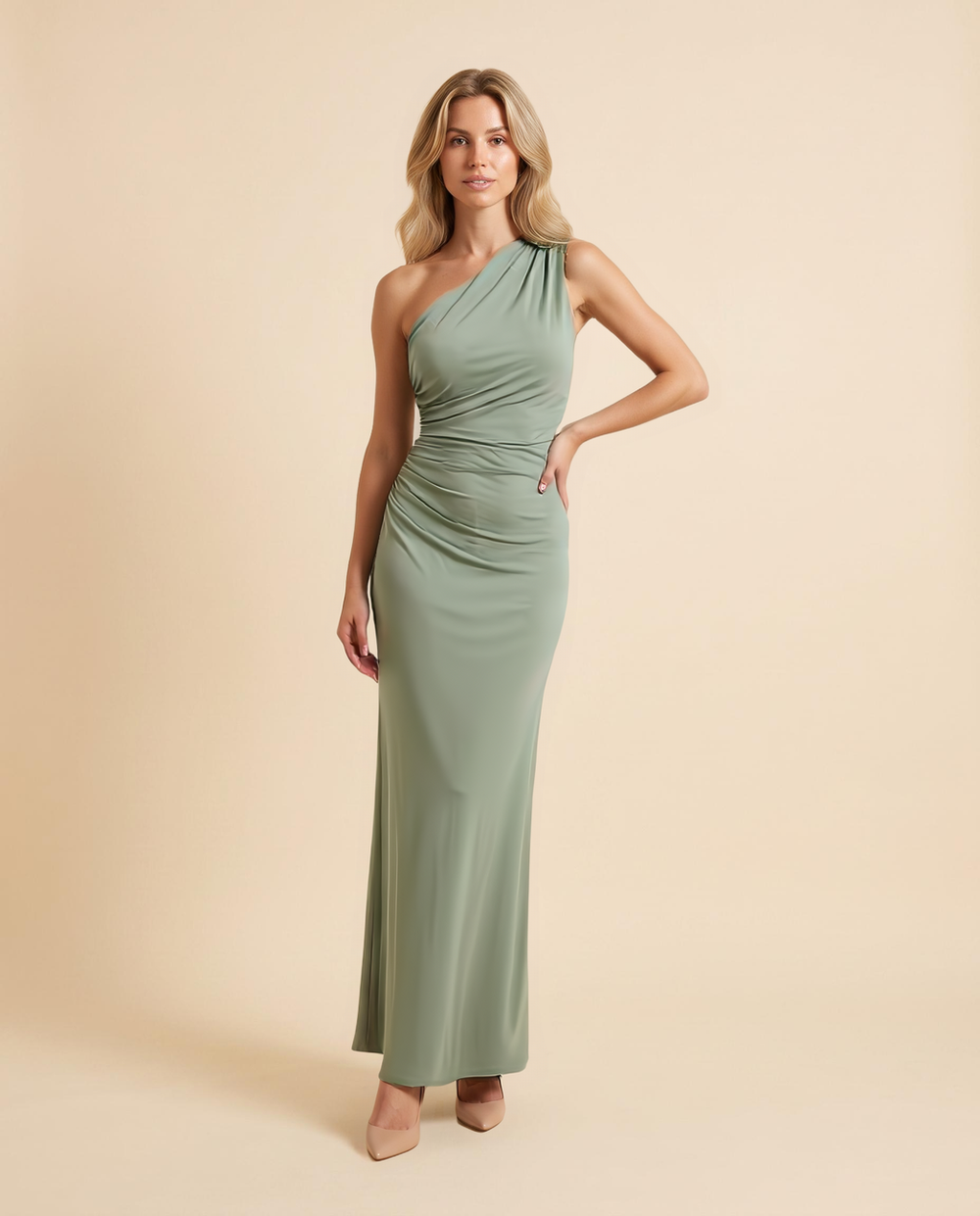 Kovelle one-shoulder draped satin maxi dress in sage, front, on model
