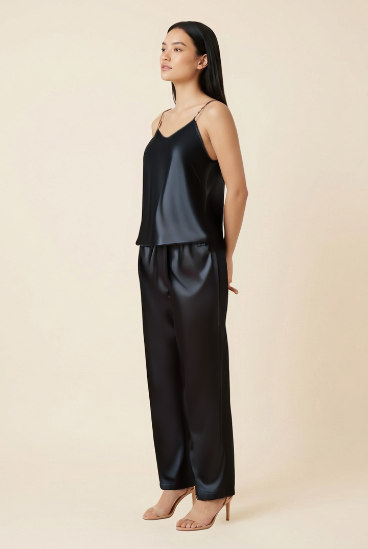 Kovelle satin cami trouser set in black, side view on model