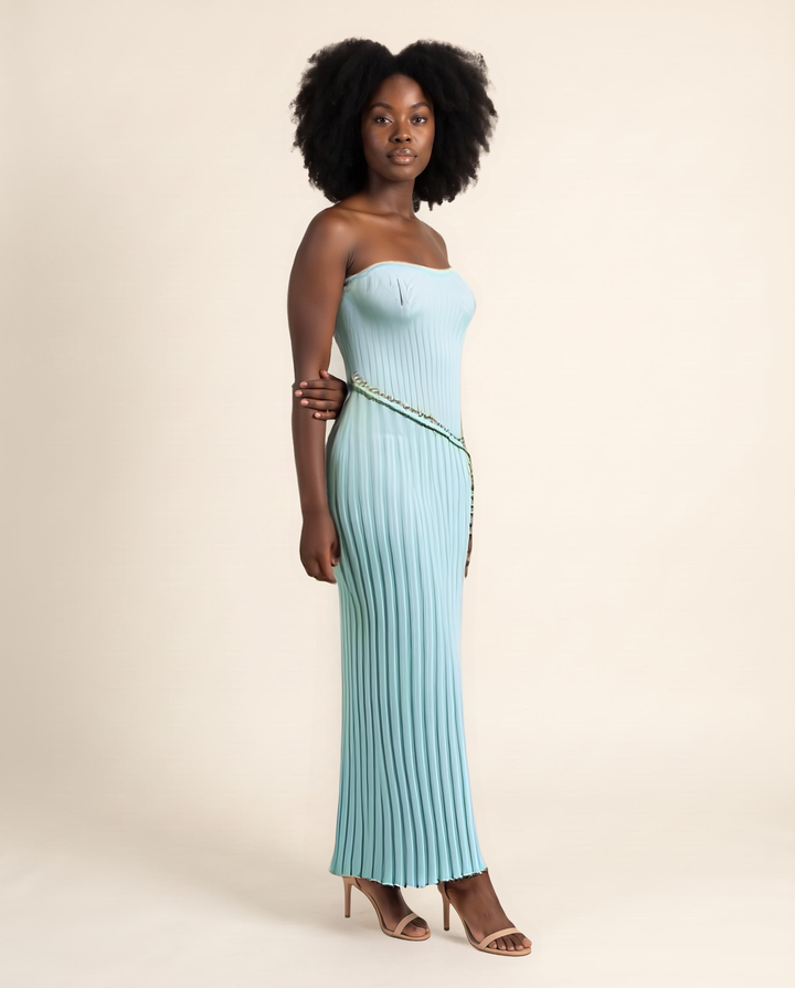 Kovelle Strapless Ribbed Knit Maxi Dress in light blue, diagonal waist seam, three-quarter view, on model