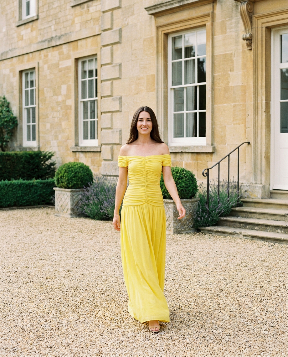 Kovelle off-shoulder ruched maxi dress in yellow, wedding guest at an English country house
