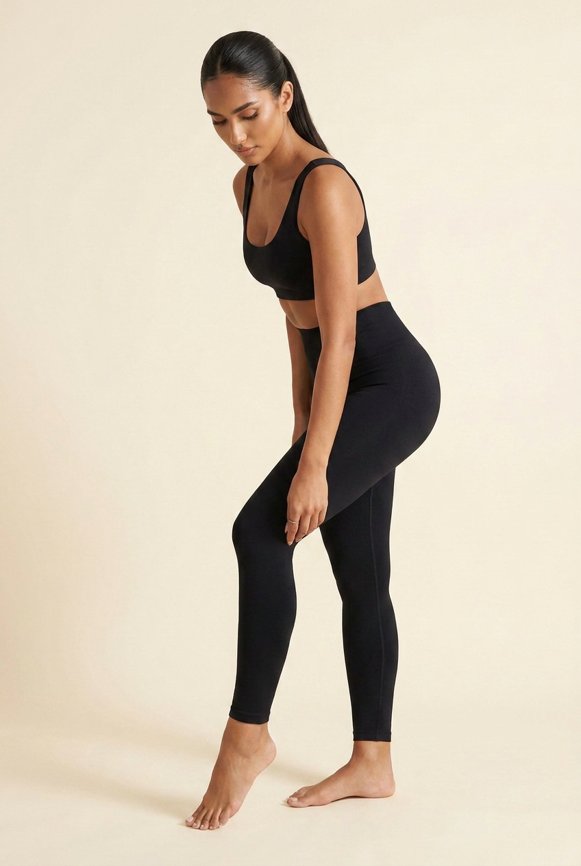 Kovelle sculpt seamless leggings in black, reaching to the ankle hem showing opaque four-way stretch, on model