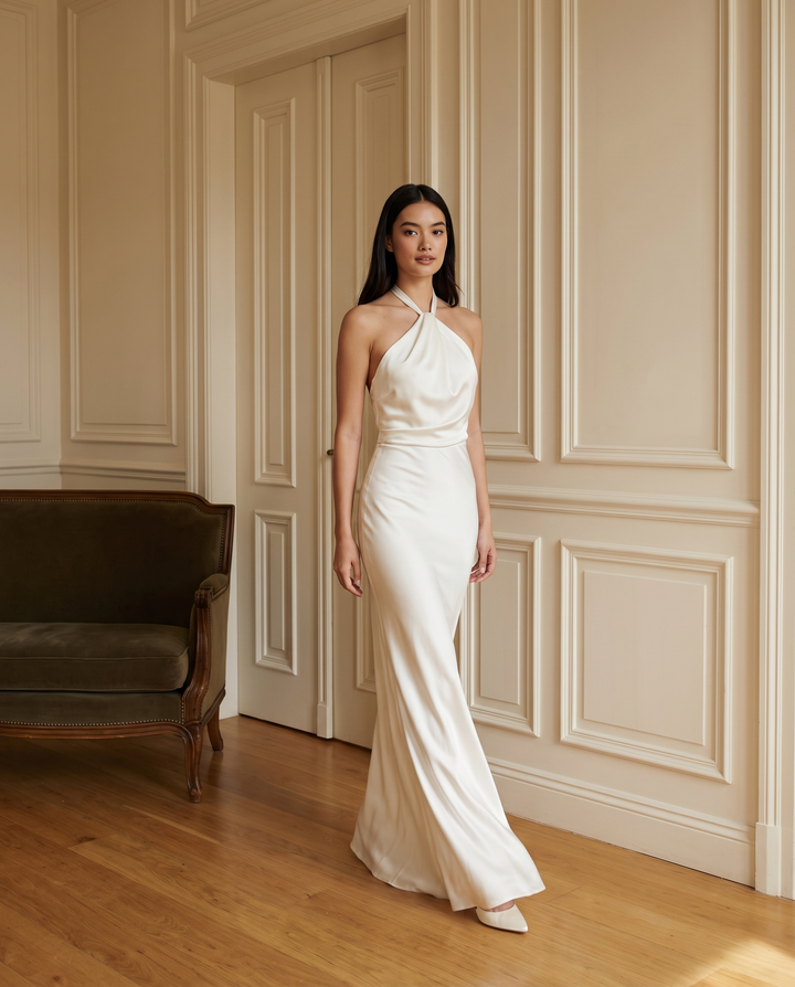 Kovelle ivory satin column maxi gown, on model walking through the Kovelle House salon
