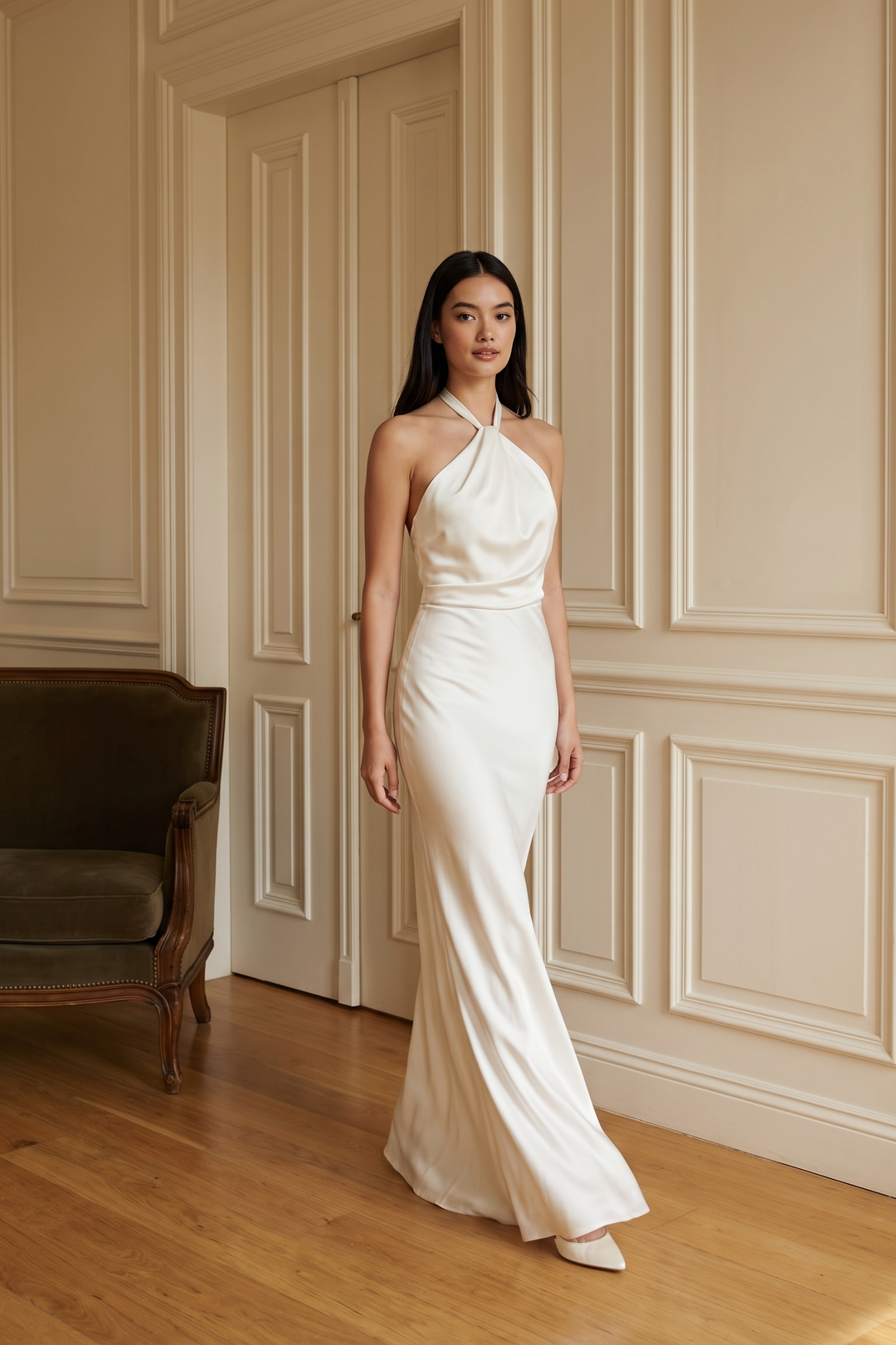 Ivory satin column maxi gown