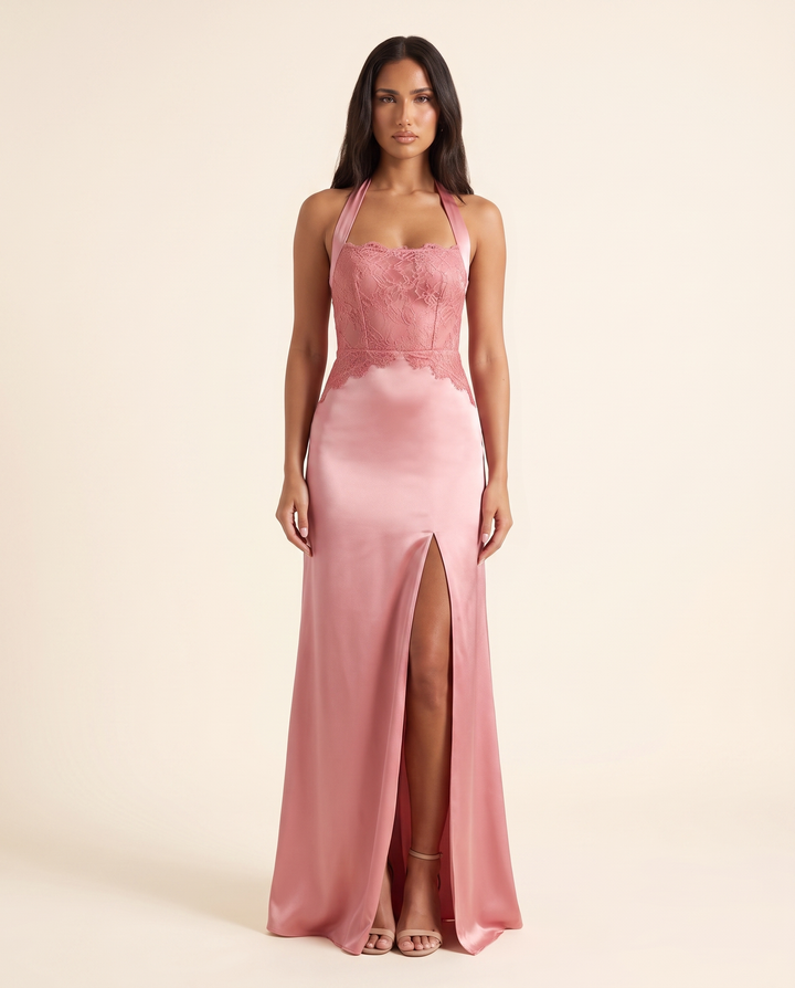 Kovelle blush satin lace maxi dress, front studio view on model