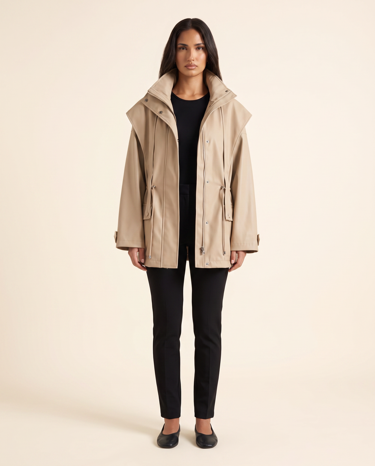 Kovelle beige windbreaker jacket with storm flap, front studio view on model