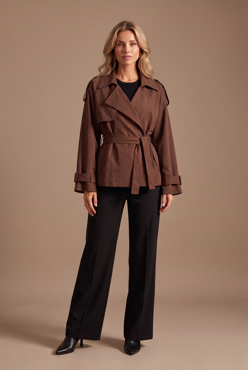 Kovelle cropped belted trench coat in chocolate, front view on model