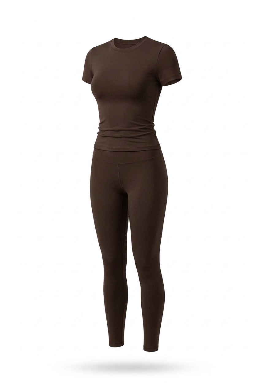 Kovelle round neck legging set in coffee, flat product view