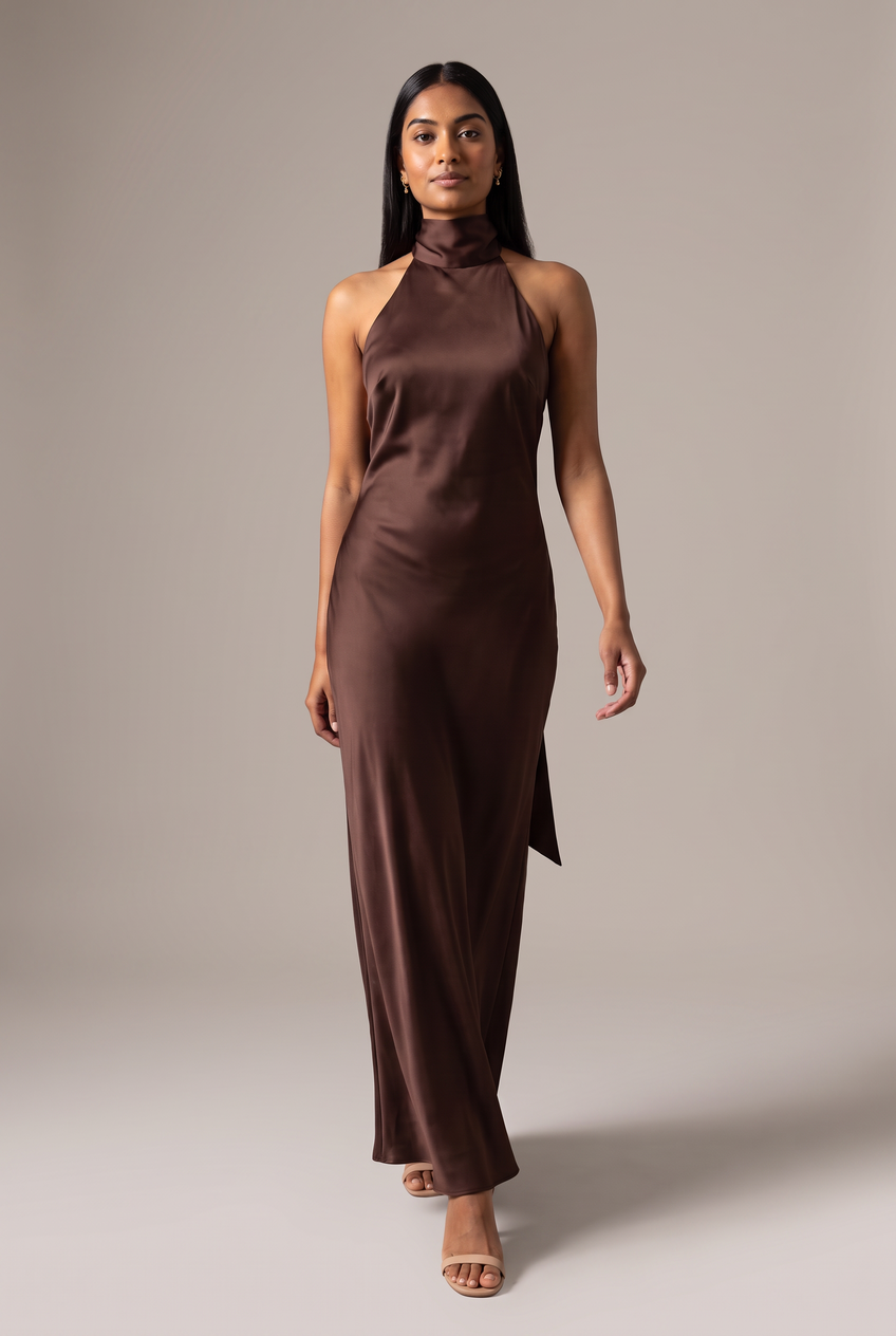 Kovelle chocolate satin scarf halter maxi dress in chocolate, walking, full length on model