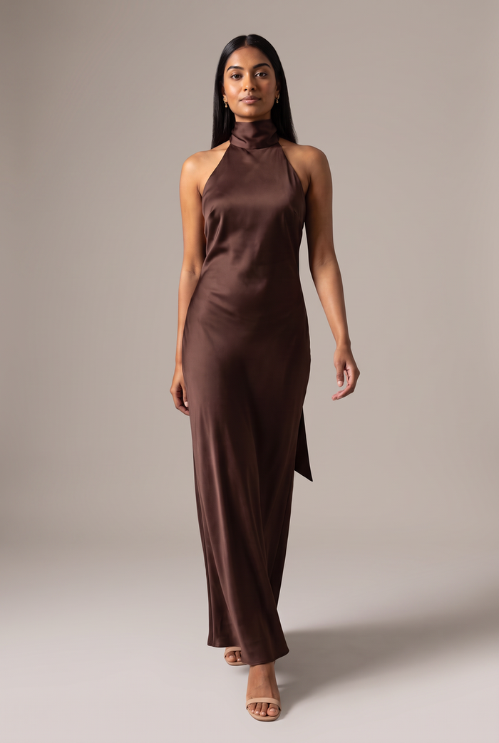 Kovelle chocolate satin scarf halter maxi dress in chocolate, walking, full length on model