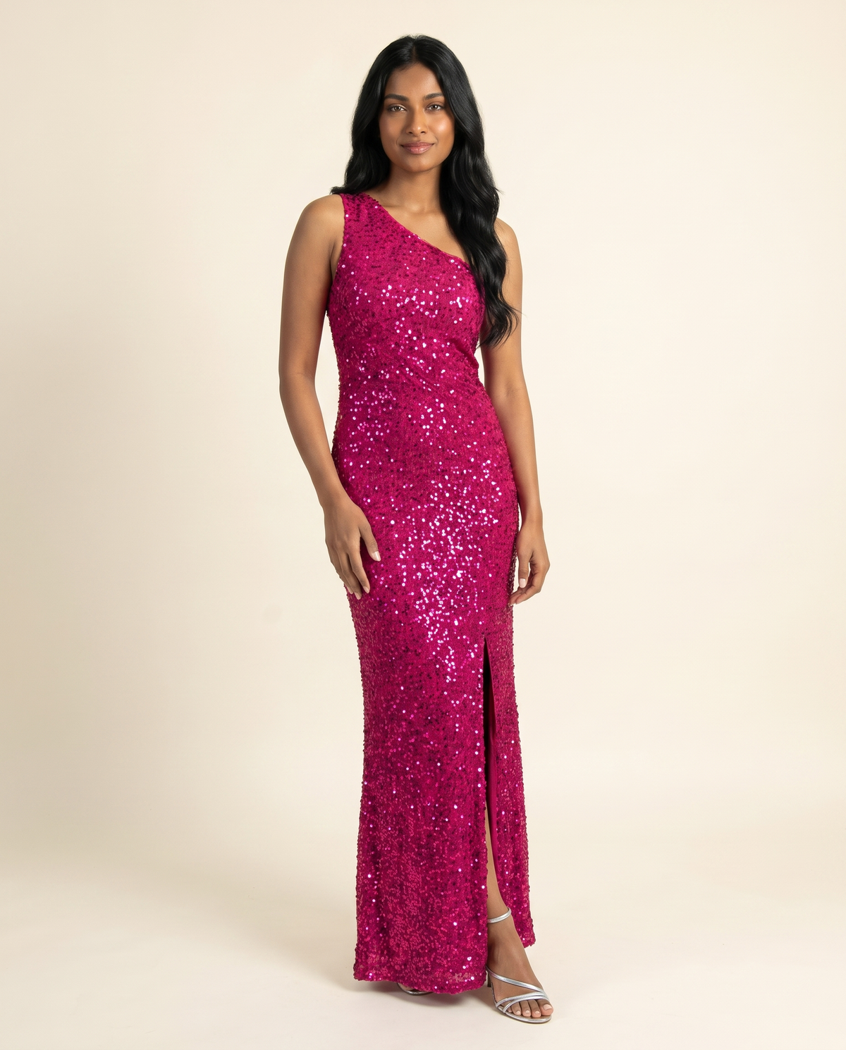 Kovelle pink sequin split gown three quarter view, on model