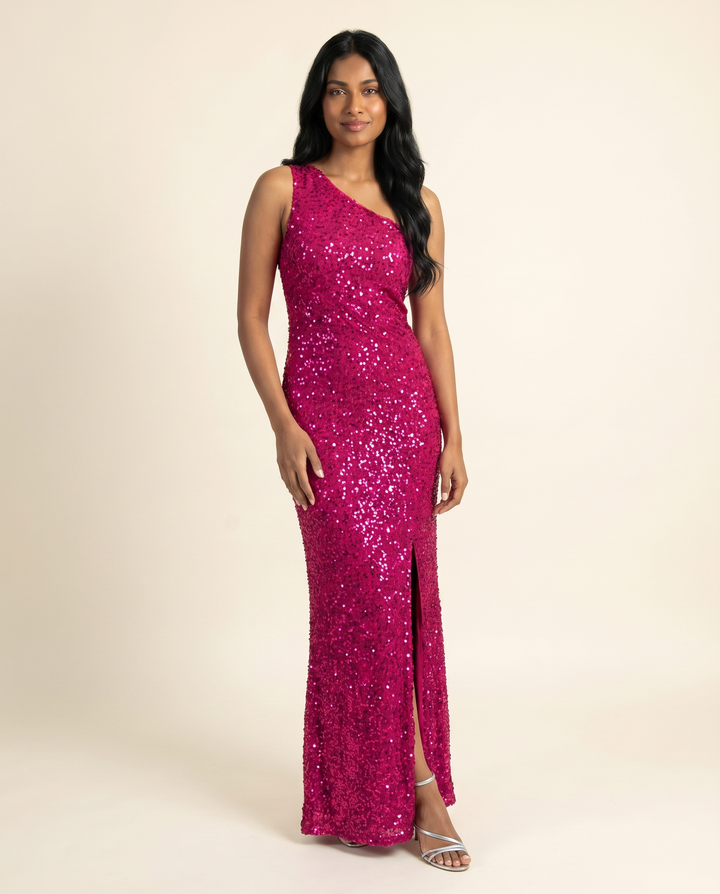 Kovelle pink sequin split gown three quarter view, on model