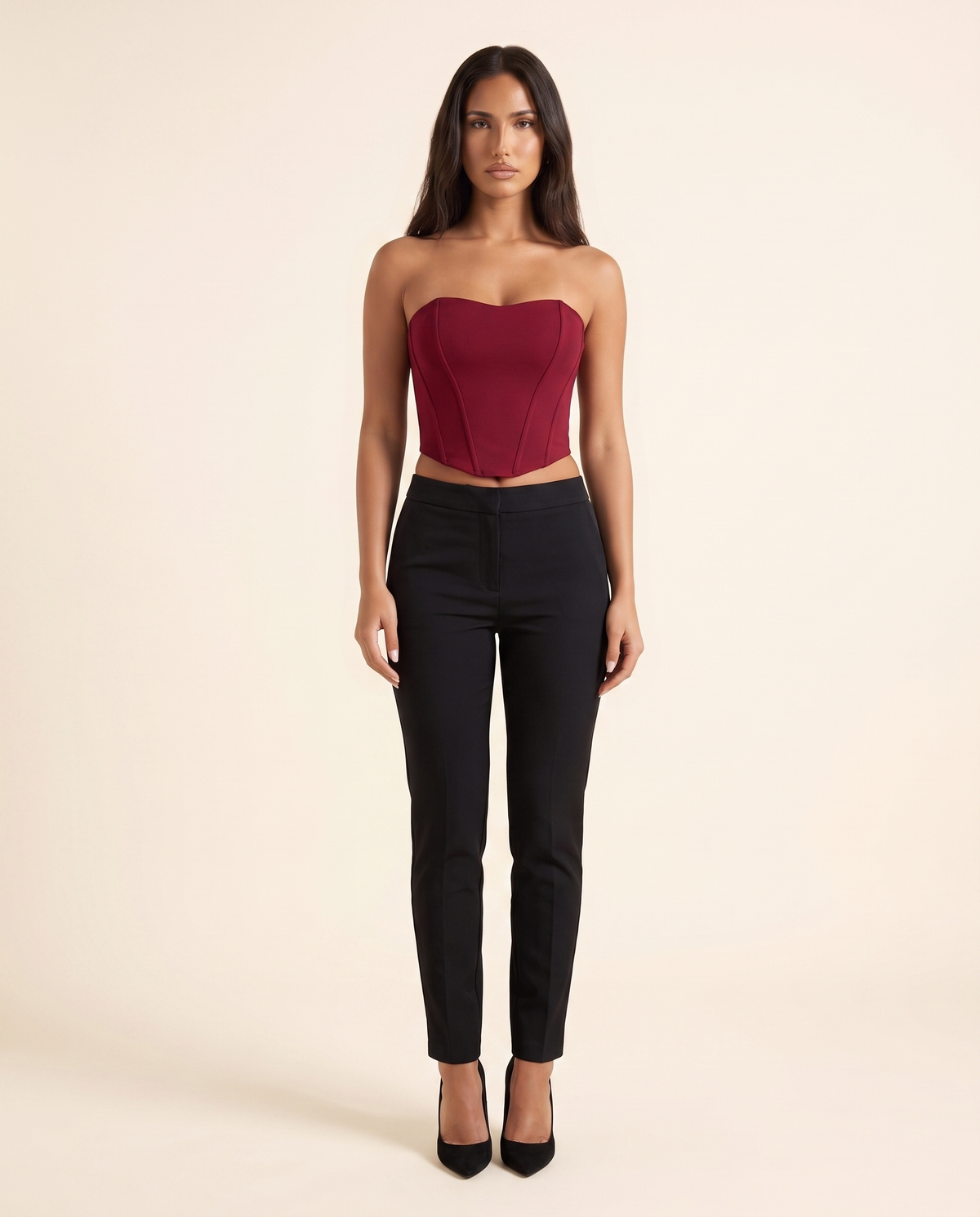 Kovelle wine corset bandeau top, front studio view on model