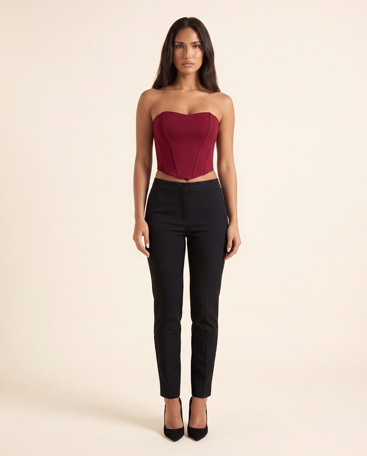 Kovelle wine corset bandeau top, front studio view on model