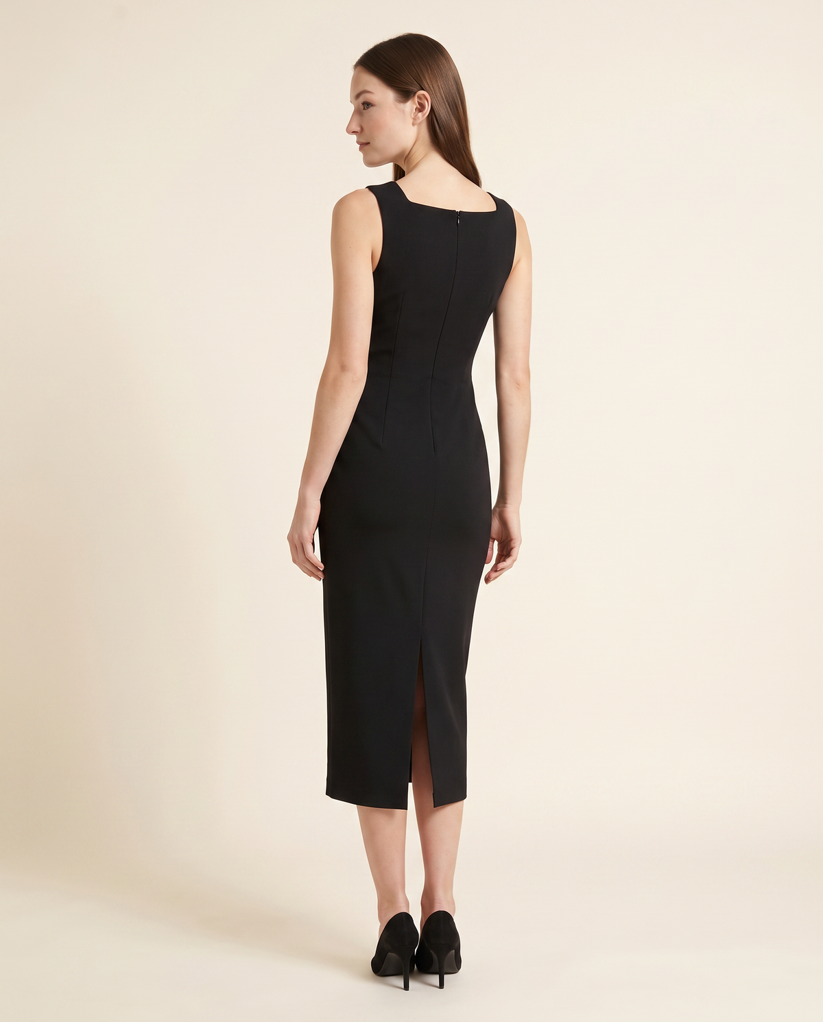 Kovelle black square neck midi back view showing zip, on model