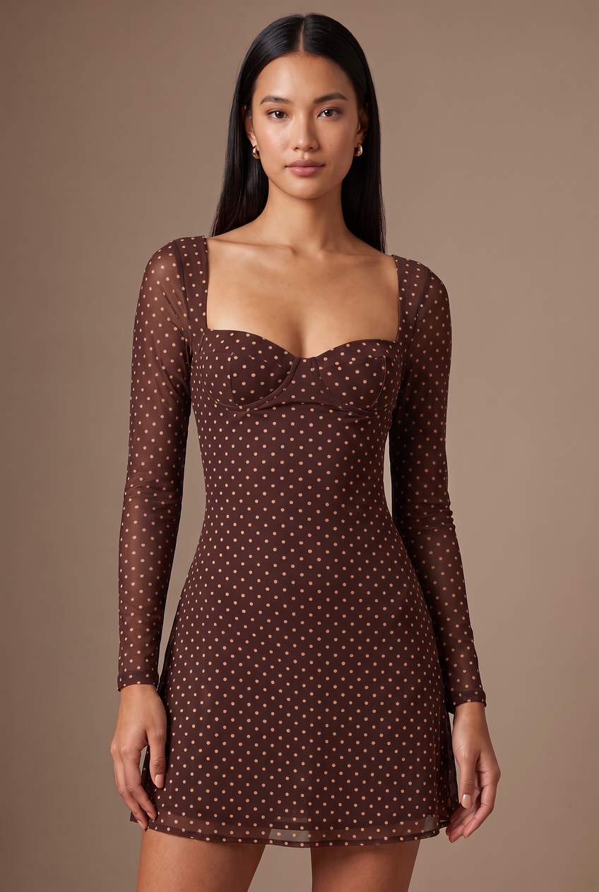 Kovelle brown polka dot long sleeve mini dress in brown, close-up detail on model