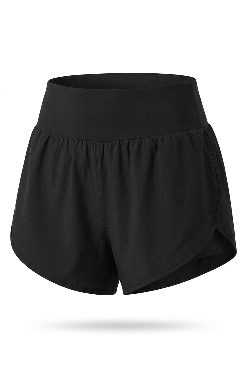 Kovelle relaxed yoga shorts in black, flat product view showing the wide waistband and split hem