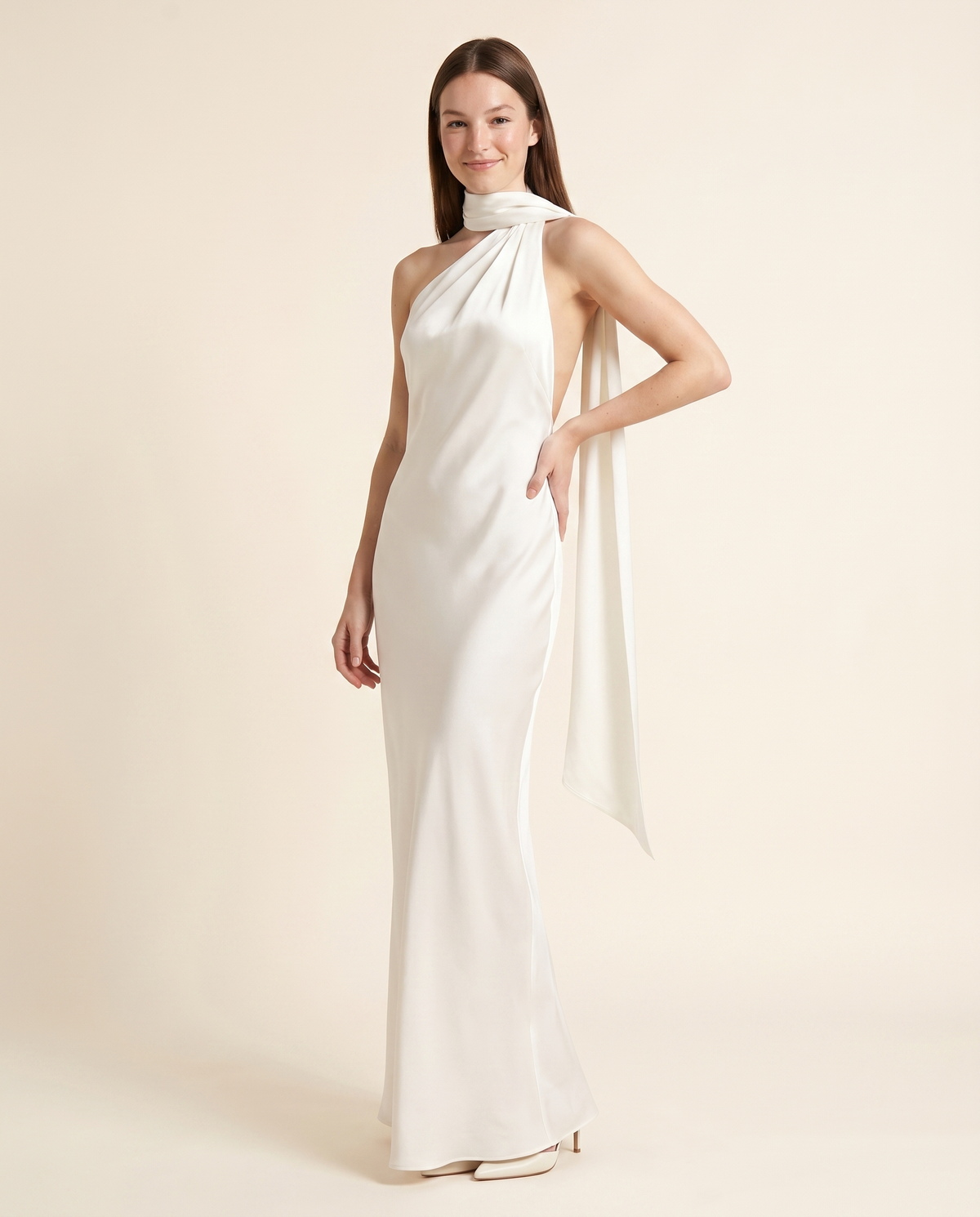 Kovelle ivory satin scarf maxi three quarter view, on model