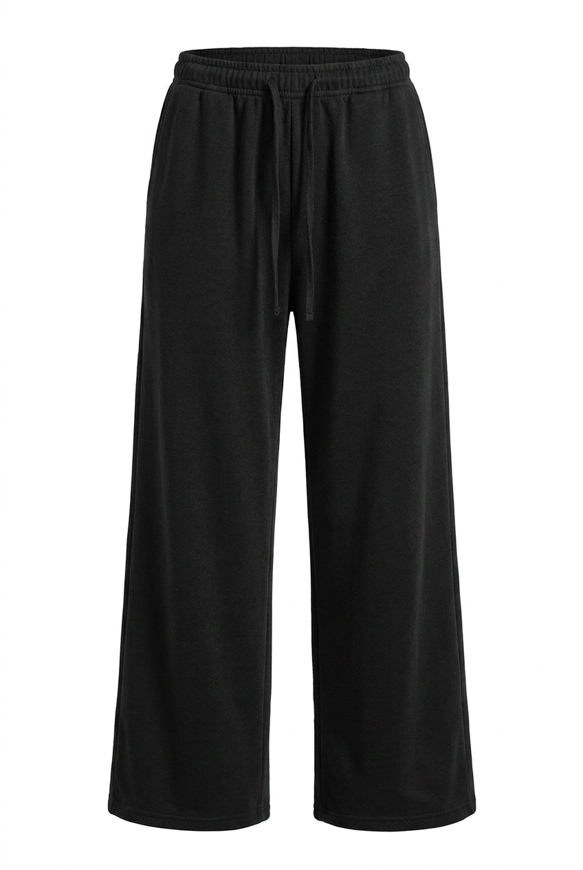 Kovelle wide leg joggers in black, flat product view with drawstring waist