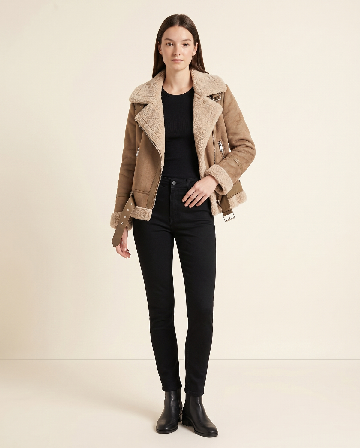 Tan Faux Suede Borg Aviator Jacket