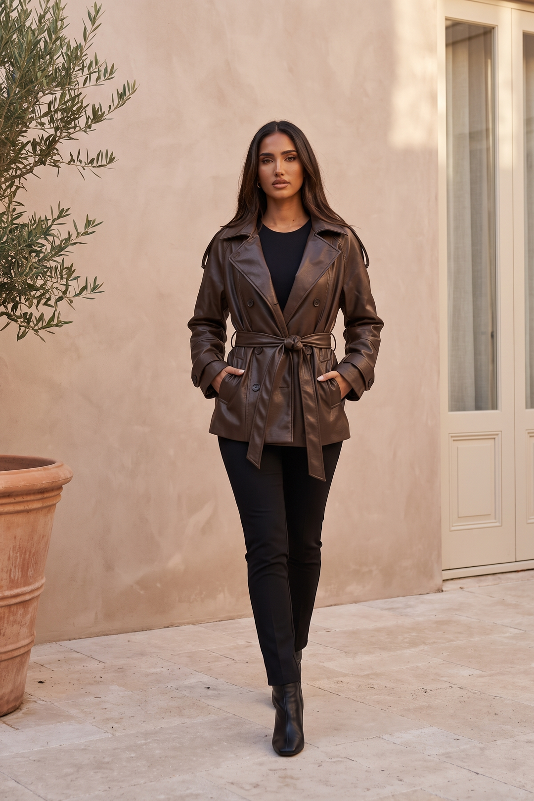 Chocolate faux leather belted trench jacket