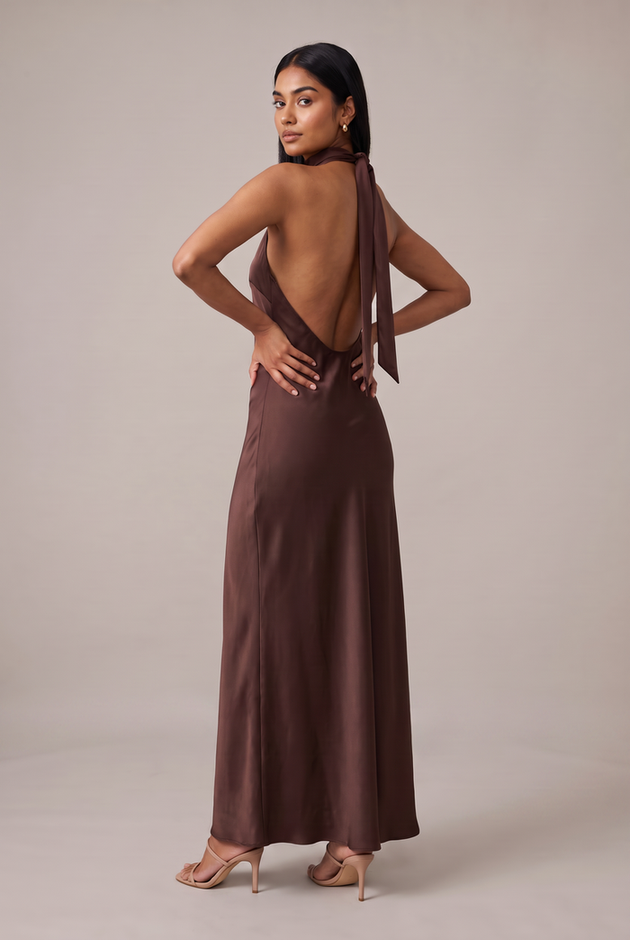 Kovelle chocolate satin scarf halter maxi dress in chocolate, back view on model