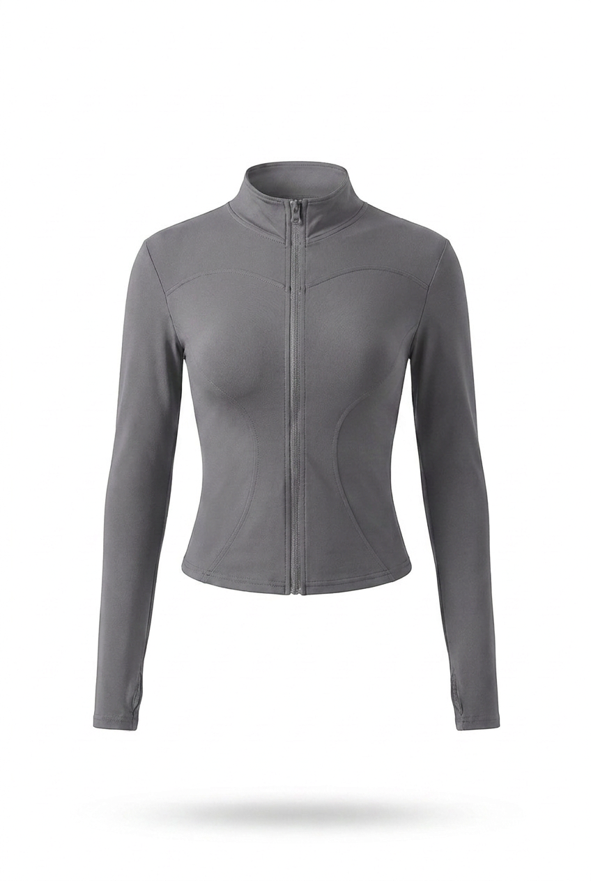 Kovelle zip through gym jacket in grey, flat product view