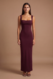 Burgundy Square Neck Bodycon Maxi Dress