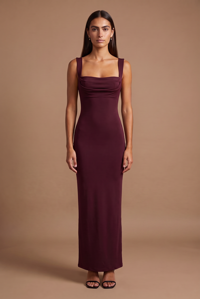 Burgundy Square Neck Bodycon Maxi Dress