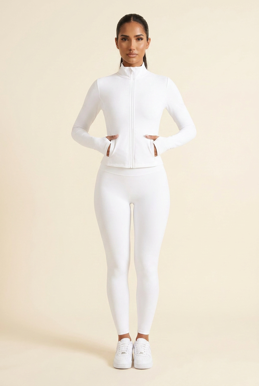 Kovelle zip through gym jacket in white, on model