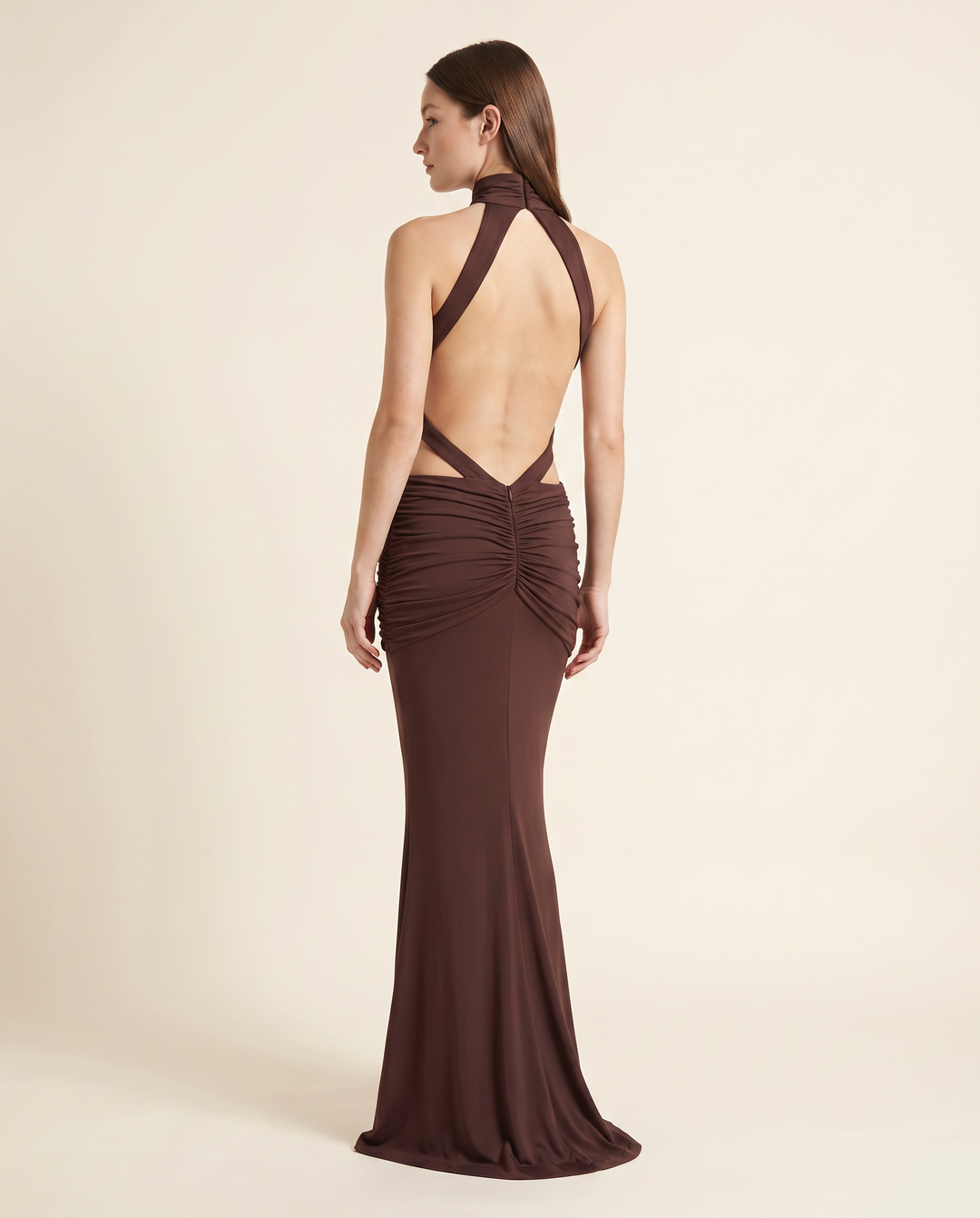 Kovelle chocolate halter maxi dress back view showing open back, on model