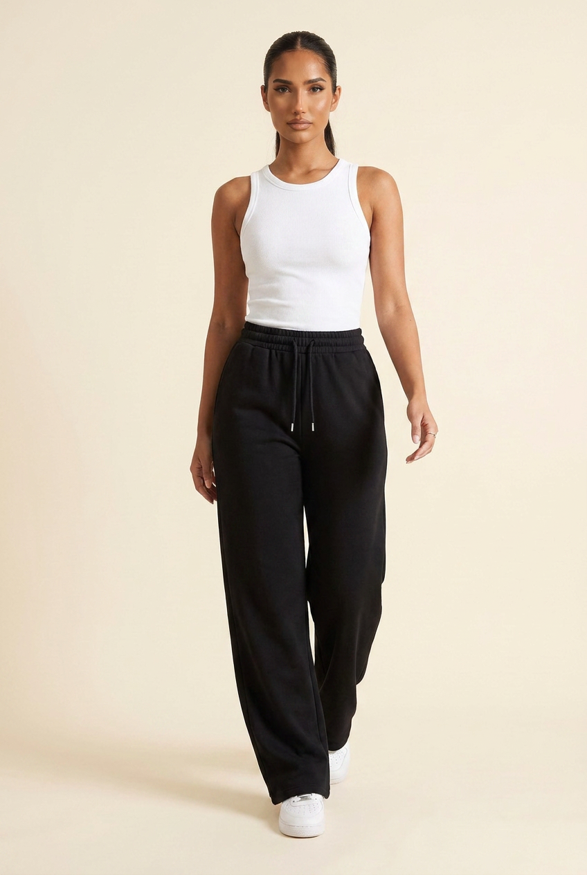 Kovelle wide leg joggers in black, walking mid stride, on model