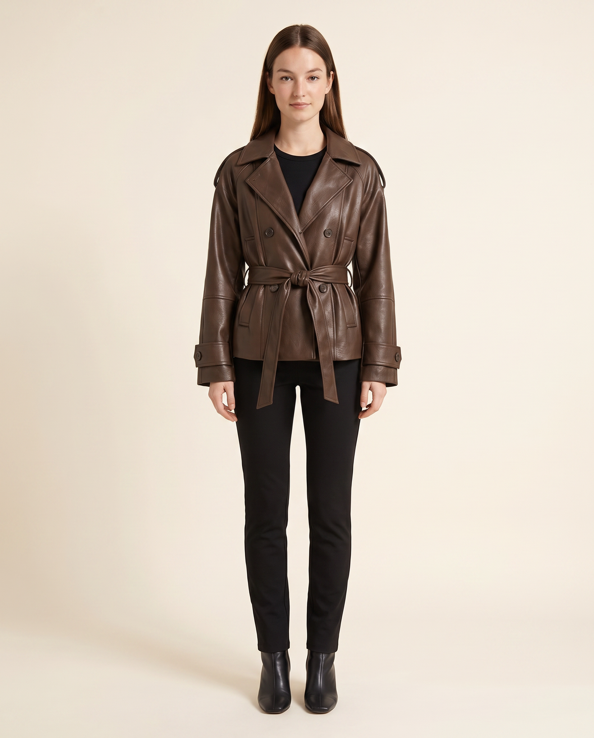Kovelle chocolate faux leather trench, front studio view belted, on model