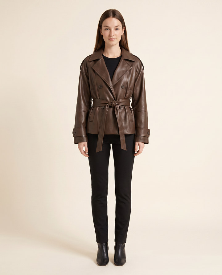 Kovelle chocolate faux leather trench, front studio view belted, on model