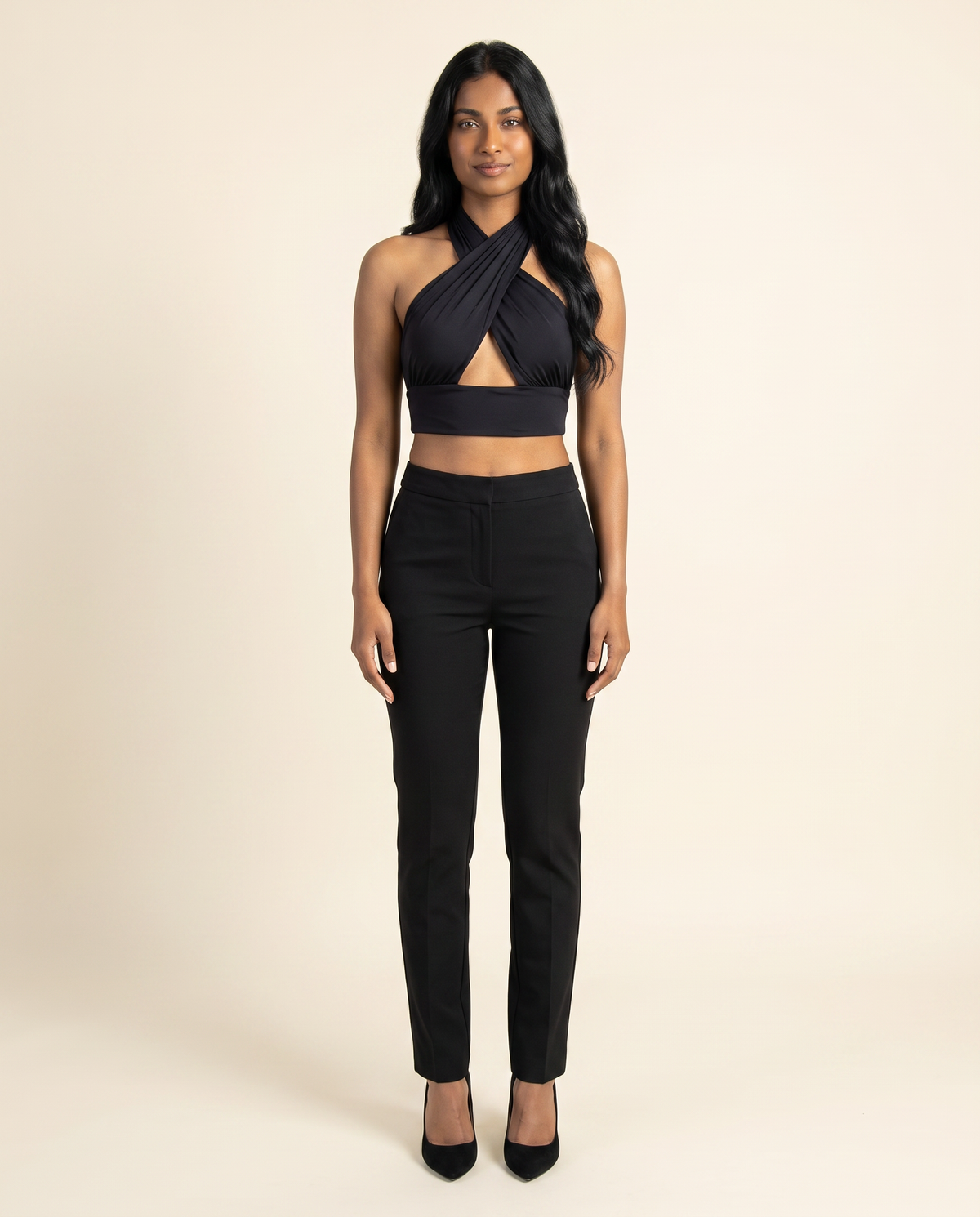 Kovelle black cross over halter top, front studio view on model