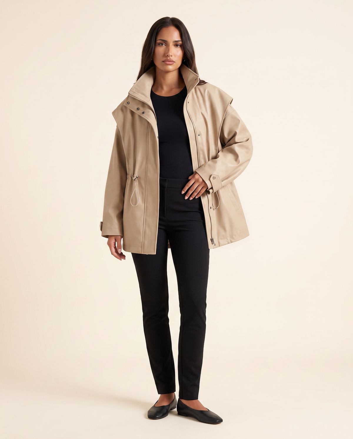 Kovelle beige windbreaker three quarter view worn open, on model