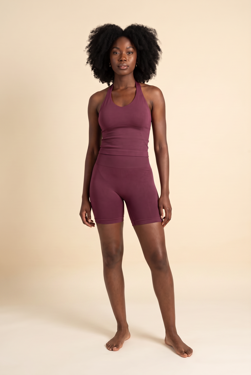 Kovelle halter vest gym set in winter berry, front view on model
