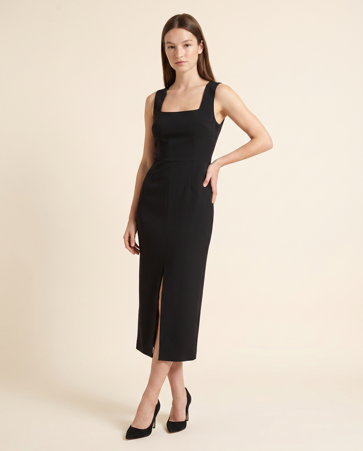 Kovelle black slit midi three quarter view, on model
