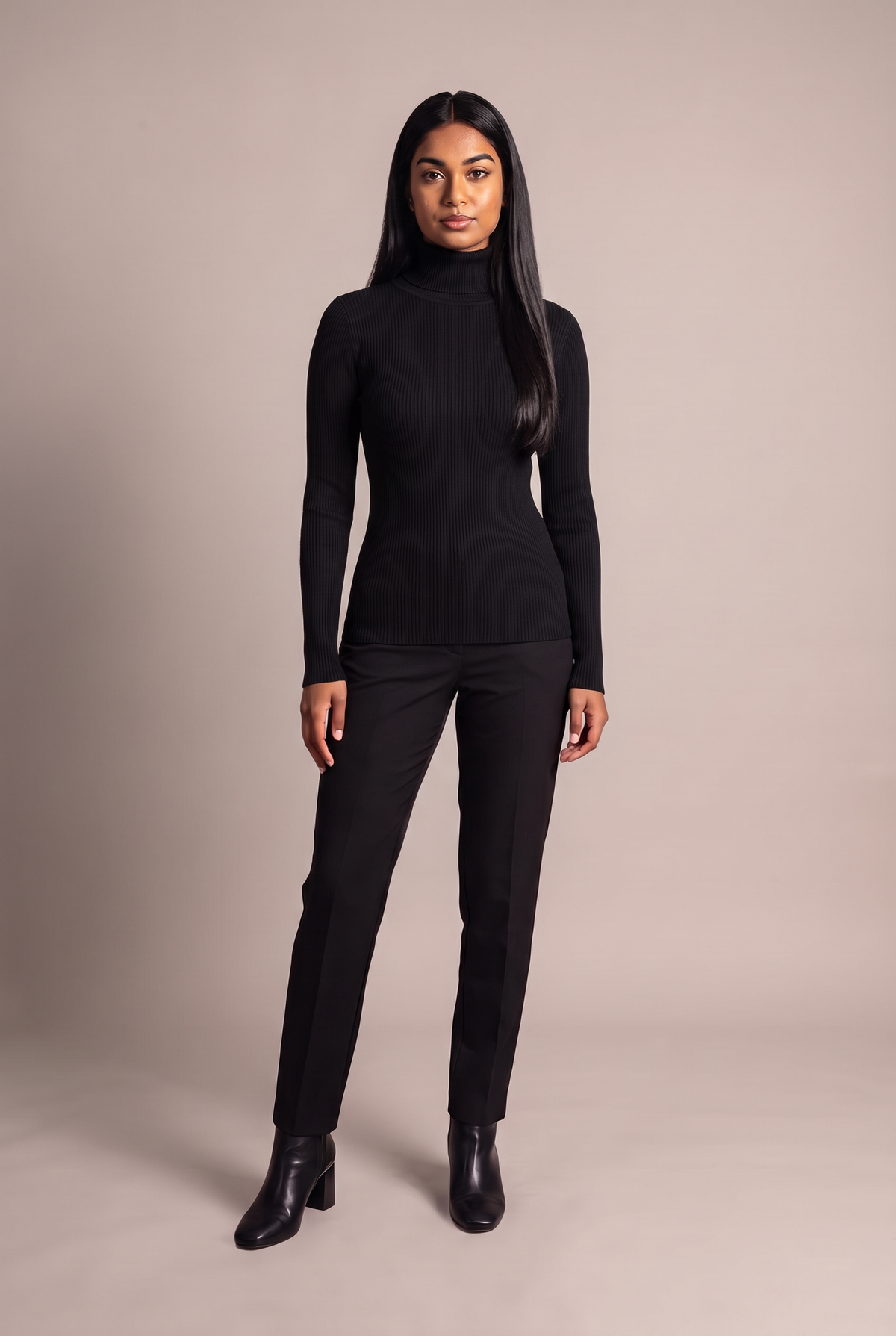Kovelle turtleneck knit jumper in black, front view on model