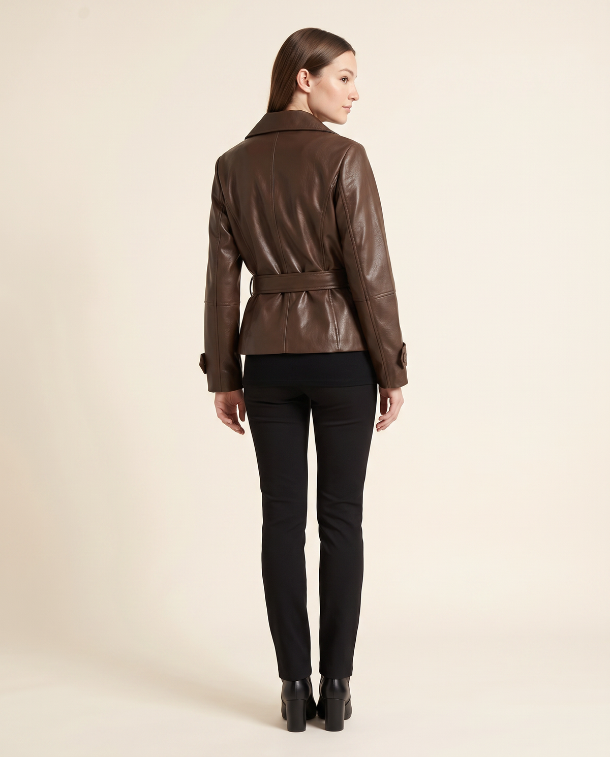 Kovelle chocolate trench jacket back view, on model