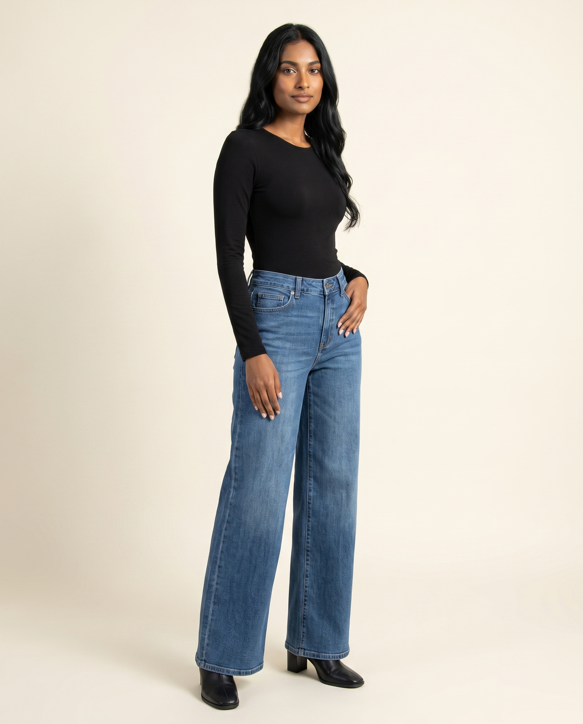 Kovelle wide leg jeans three quarter view, on model