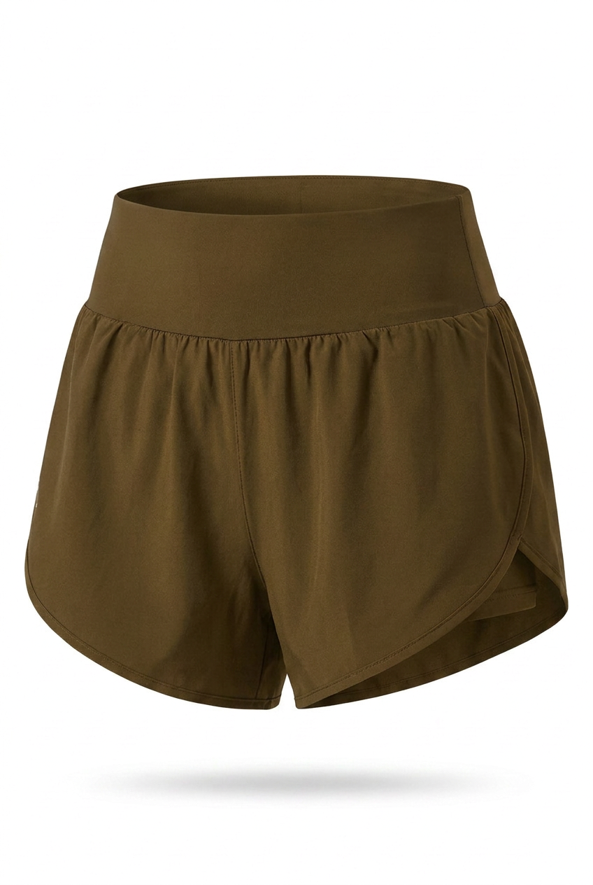 Kovelle relaxed yoga shorts in olive brown, flat product view