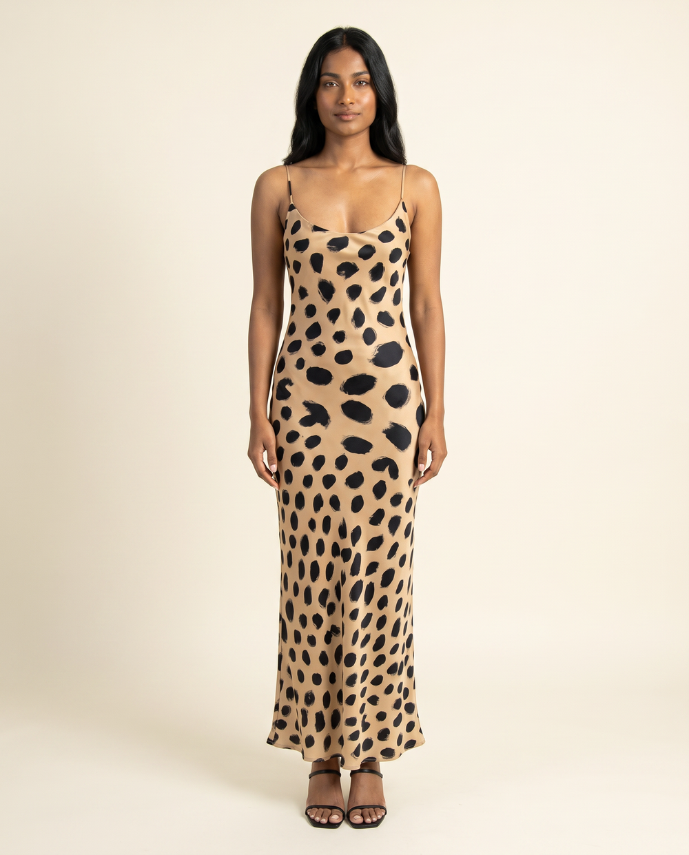 Kovelle tan painted dot slip maxi dress, front studio view on model