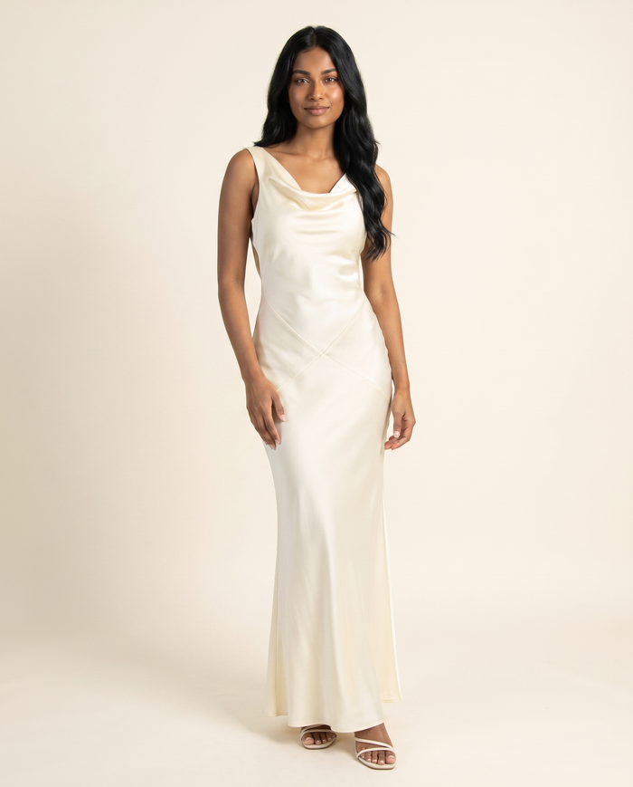 Kovelle ivory cowl neck satin maxi, front studio view on model