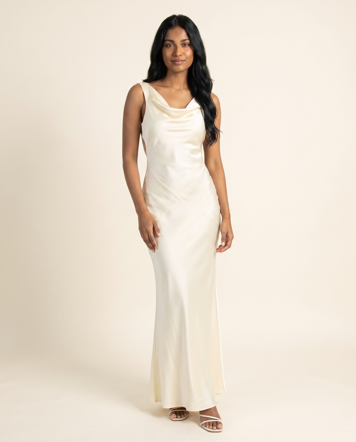 Kovelle ivory cowl neck satin maxi, front studio view on model