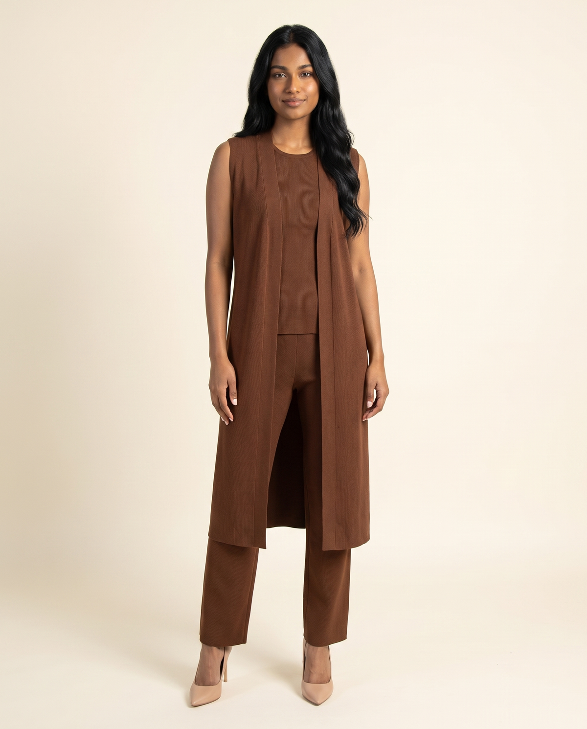 Kovelle chocolate three piece set, front studio view on model