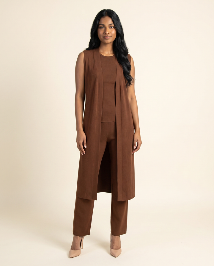 Kovelle chocolate three piece set, front studio view on model