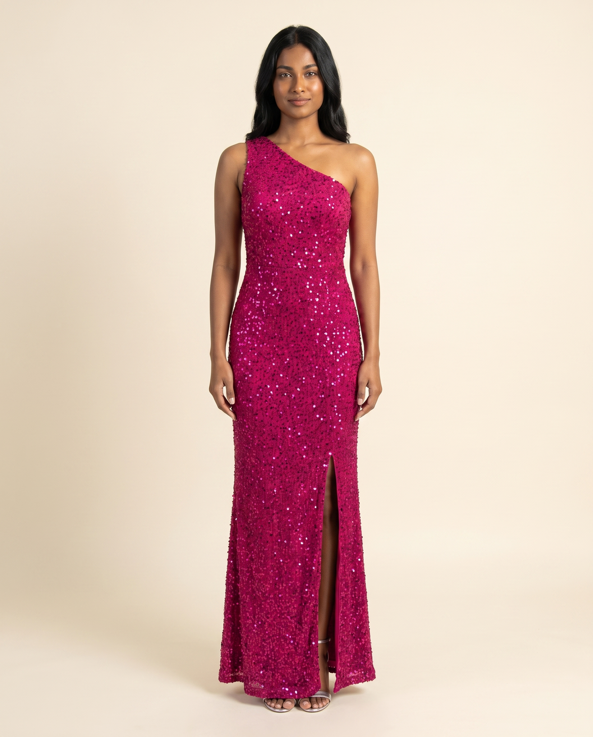 Kovelle pink sequin gown with thigh split, front studio view on model