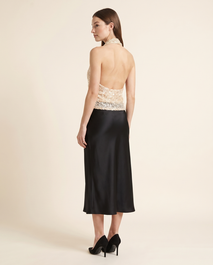 Kovelle champagne sequin top back view showing open back, on model